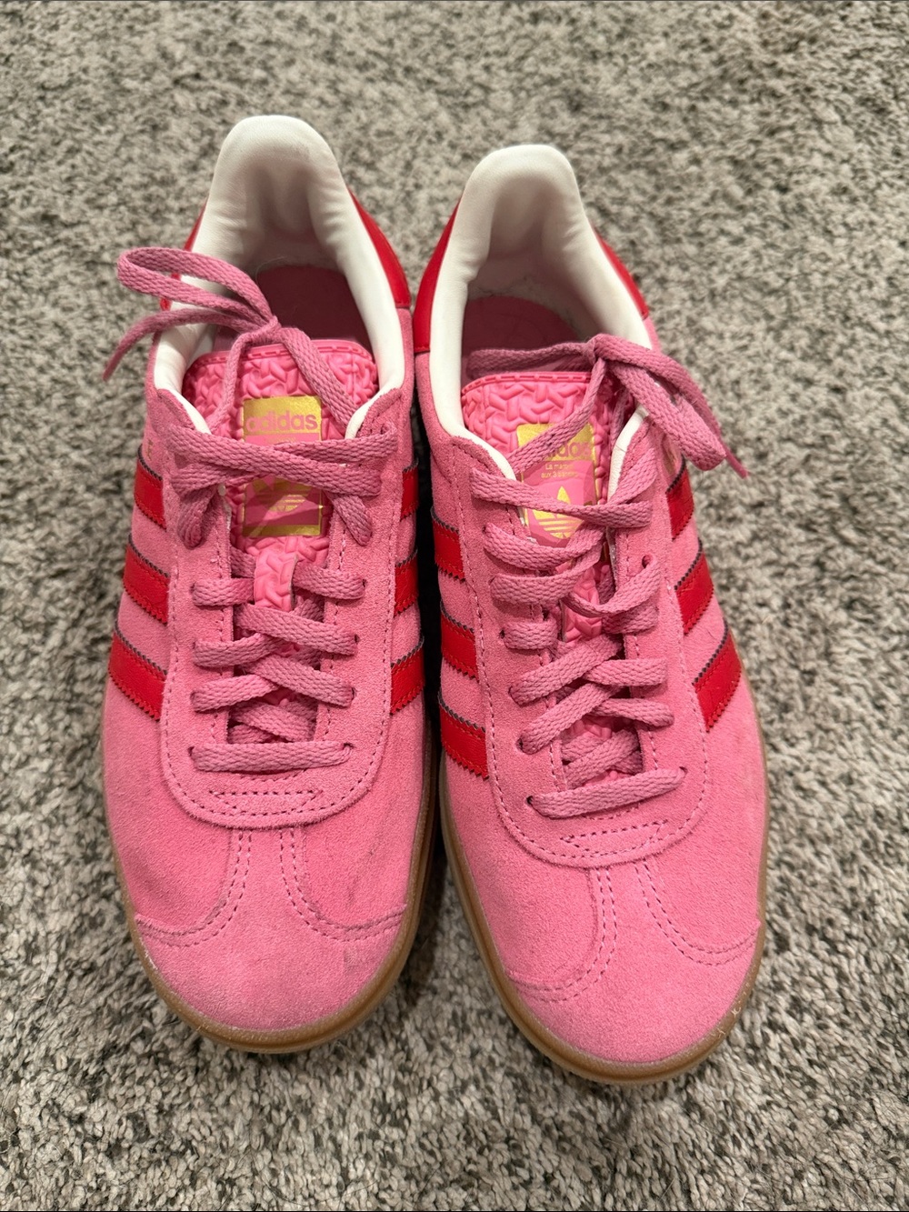adidas Pink Suede Sneakers with Red Stripes. Kids 5. Women’s 7.